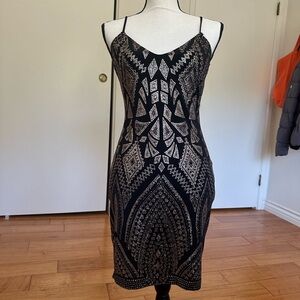 Reign On Gold Glitter Black Midi Dress Size S